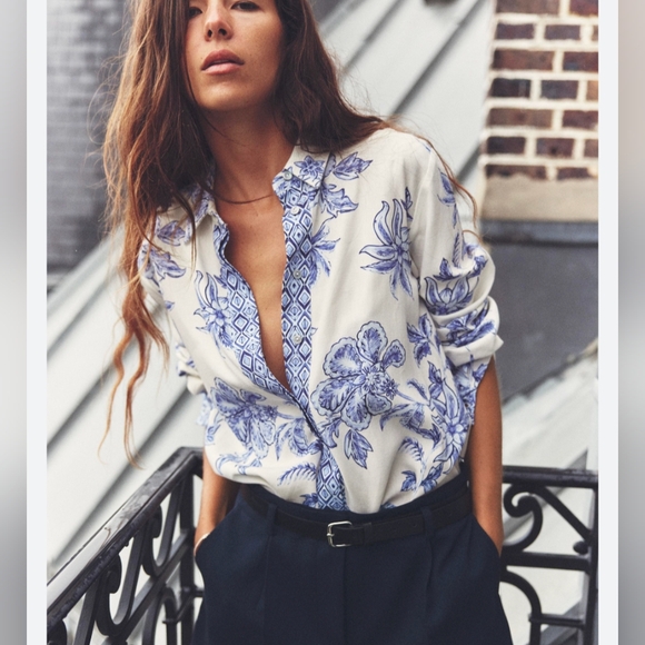 Zara woman floral linen viscose long sleeve shirt L white blue NWT 9878/097 - Picture 6 of 12